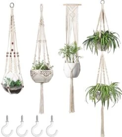 4 Stuks Plantenhangers - Boho Handgeweven Katoen Hangpot Voor Binnen/Buiten - Bloempot Met Kralen - Macramé Touw/Koord Hangplant Houder - Bohemian Wandhanger Decoratie - Verticale Tuin Plant Hanger Bloempothouder Planthanger Wit -Tuin- En Buitenwinkels 1068x1200 2