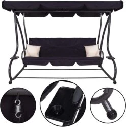 Springos Schommelbank | Linda-Schommel | 3-zits | Waterafstotend | Inclusief 2 Kussens | Verstelbare Luifel | 162 X 200 X 120 Cm | Zwart -Tuin- En Buitenwinkels 1194x1200