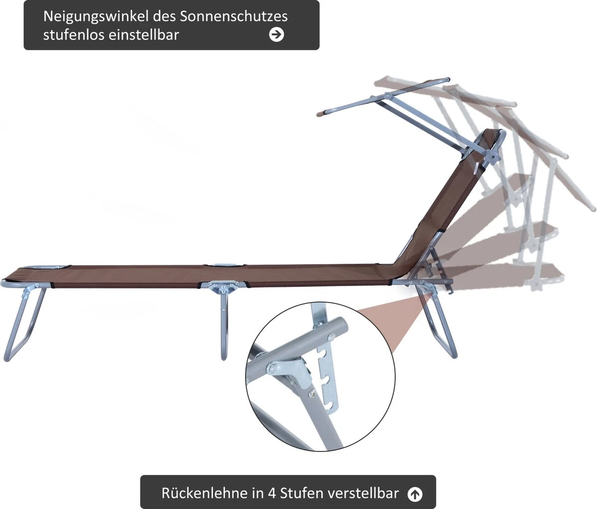 Outsunny Ligstoel Ligbank Voor Buiten Ligstoel Voor Op Het Strand Inklapbaar Met Zonnedak 3 Kleuren 84B-001 4 Outsunny Ligstoel Ligbank Voor Buiten Ligstoel Voor Op Het Strand Inklapbaar Met Zonnedak 3 Kleuren 84B-001 - Afbeelding 2