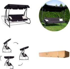 Springos Schommelbank | Linda-Schommel | 3-zits | Waterafstotend | Inclusief 2 Kussens | Verstelbare Luifel | 162 X 200 X 120 Cm | Zwart -Tuin- En Buitenwinkels 1200x1171
