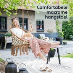 Vita5 Macramé Hangstoel - Voor Binnen En Buiten - Zonder Standaard - Incl. Kussen, Boekenvak En Beschermhoes - Tot 150kg - Bruin/Beige -Tuin- En Buitenwinkels 1200x1200 132