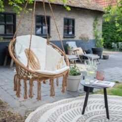 Vita5 Macramé Hangstoel - Voor Binnen En Buiten - Zonder Standaard - Incl. Kussen, Boekenvak En Beschermhoes - Tot 150kg - Bruin/Beige -Tuin- En Buitenwinkels 1200x1200 139