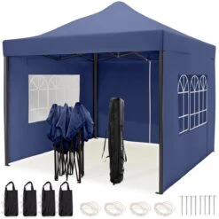 LifeGoods Partytent - 3x3 M - Zijwanden - Easy Up - Opvouwbaar - Waterdicht - Draagtas Met Wieltjes - Donkerblauw