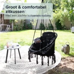 Vita5 Macramé Hangstoel - Voor Binnen En Buiten - Zonder Standaard - Incl. Kussen, Boekenvak En Beschermhoes - Tot 150kg - Zwart -Tuin- En Buitenwinkels 1200x1200 99